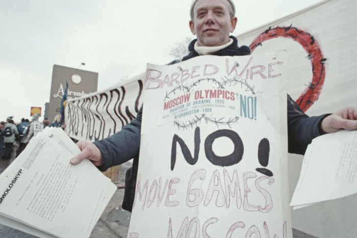 Man protesting 1980 Summer Olympics in Moscow